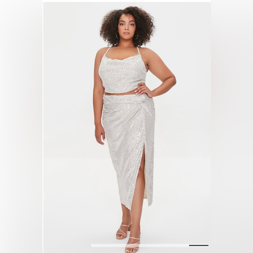 Plus Size Sequin Cropped Shirt and Skirt Set